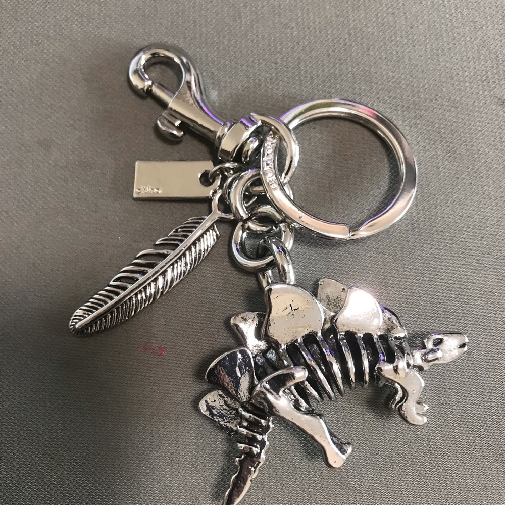 Coach Silver Stegosaurus Charm Keyring with Feather Accent